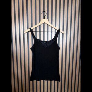 Schiesser Camisole 38 / M Womens Black Lace Trim Sleeveless Night Top